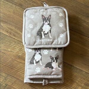 Beige Boston Terrier Oven Mitt and Pot Holder Set - Neutral Kitchen Linens